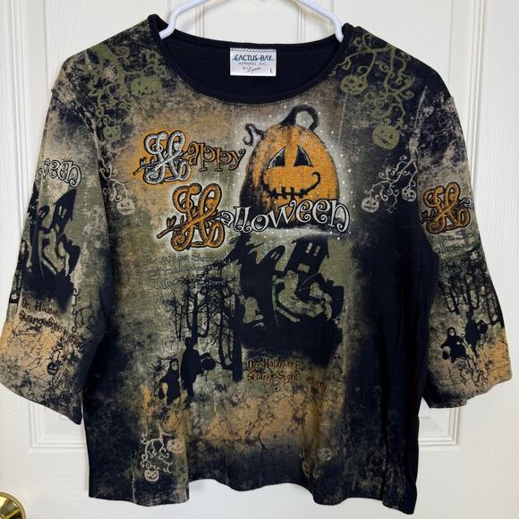 Cactus Bay “Happy Halloween” AOP Tee Large Spooky, Pumpkin, Ghosts, Embellished - Picture 6 of 6